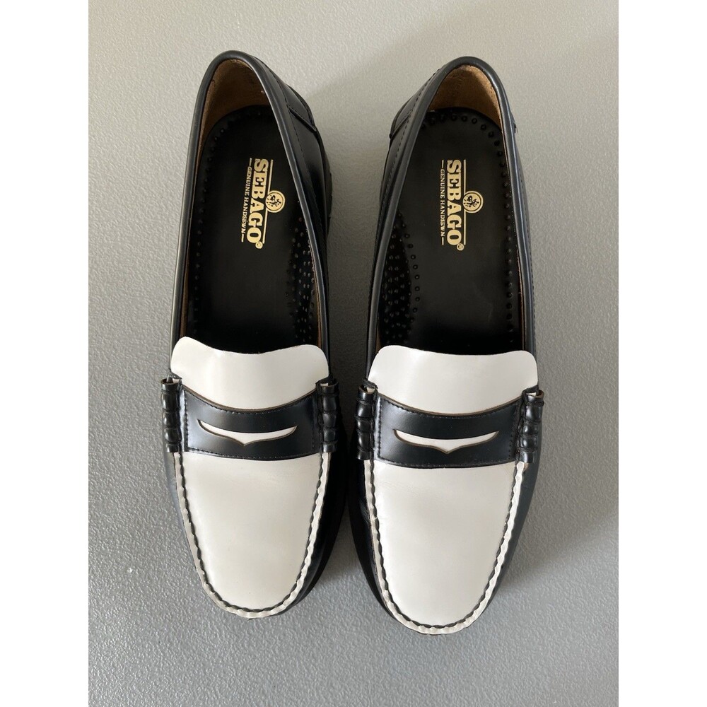 Sebago Classic Dan Leather Penny Loafers Mens Sz 9 Black White Quiet Luxury